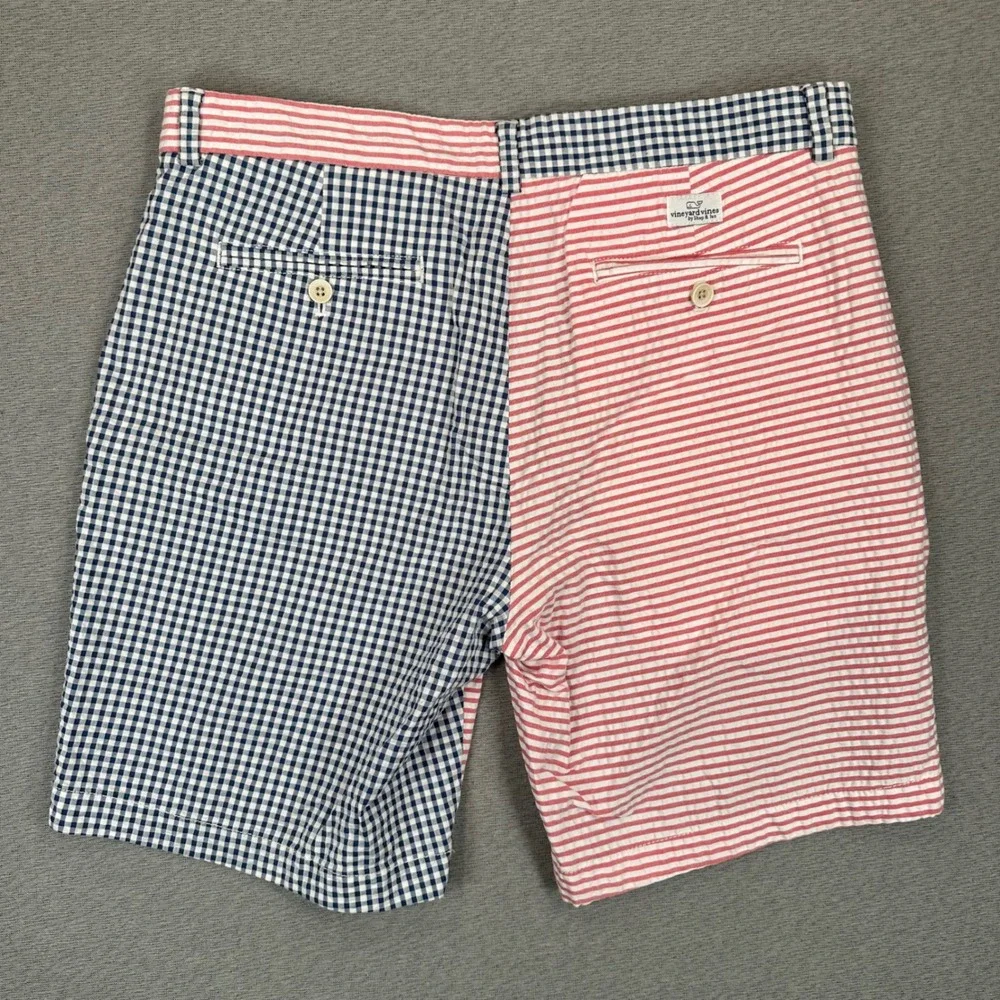 Vineyard Vines Shorts Mens 33 Navy Red Mixed Gingham Stripe Seersucker Breaker